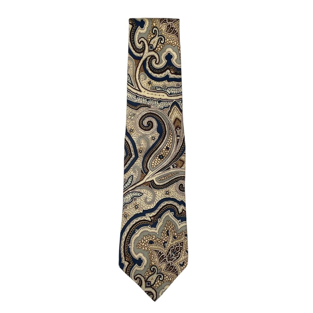 Vintage Selber Bros 100% Silk Men's Necktie-Cream/Brown/Blue Paisley